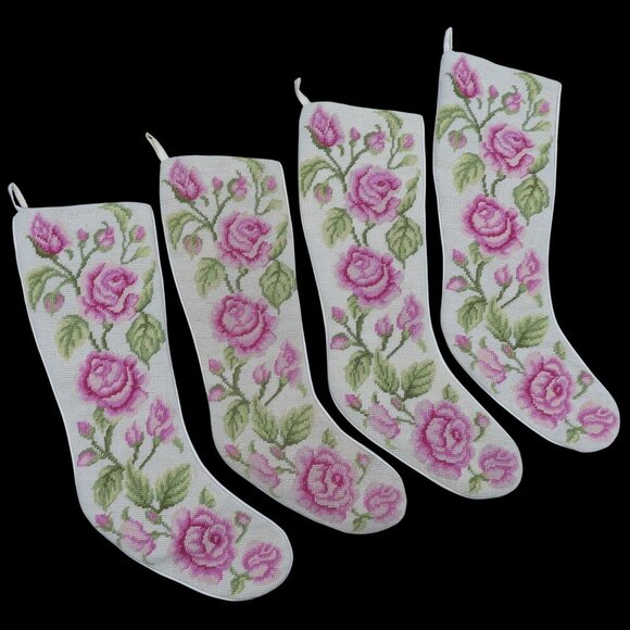 Imperial Elegance Set 4 Pink Rose Flower Floral Needlepoint Christmas Stockings - Picture 1 of 16